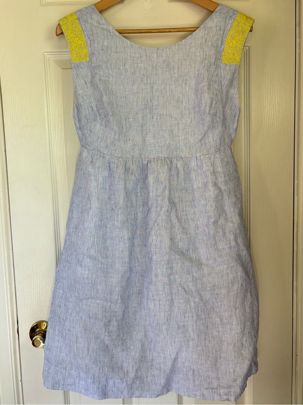 J. Crew Light Blue stripe Linen Dress with embroidered Yellow Accents size 6